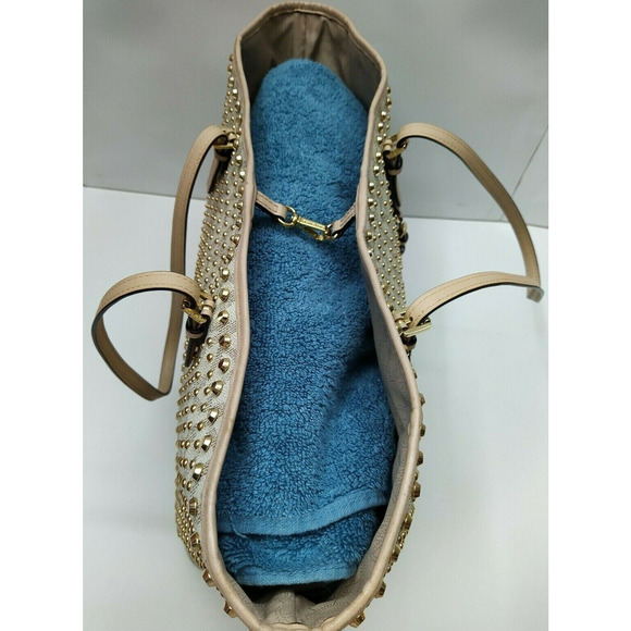 Michael Kors Jet Set Travel Vanilla PVC Leather Gold Studded Large Tote Bag - Picture 10 of 14